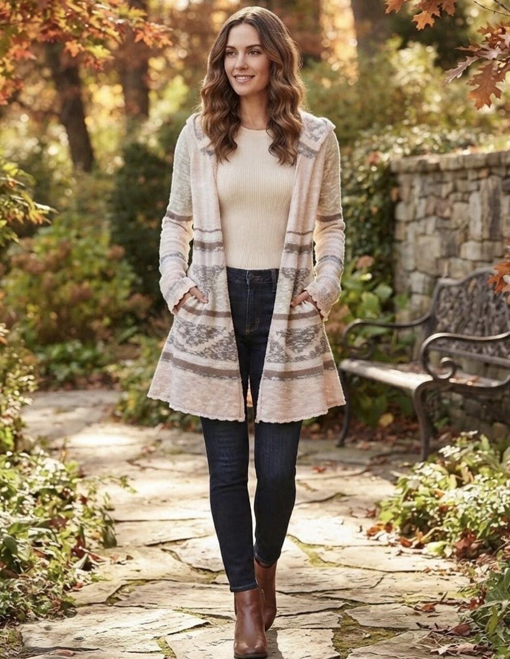 Mudd Beige Pink Tan Long Cardigan Duster Hood Sweater Women Sz M Boho Hippiecore